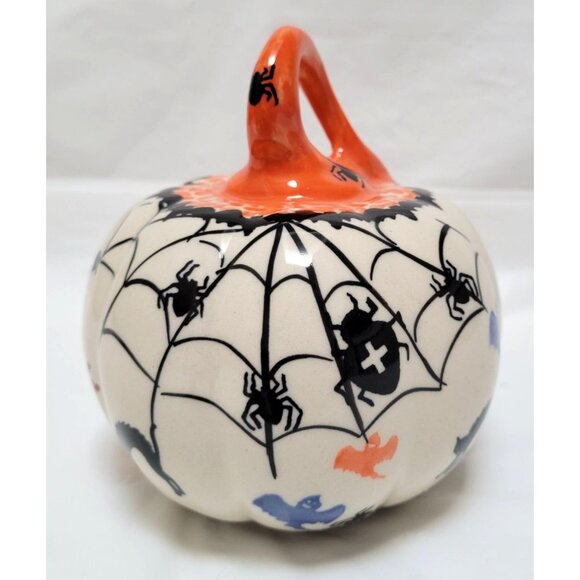 Hand-Painted Halloween Pumpkin Table Decor With Spiders Bats Owls Cats By Kalich - Picture 4 of 6